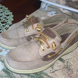 Sperry Women’s  Songfish boat barrel tie laces gold and tan shoe size 7.5